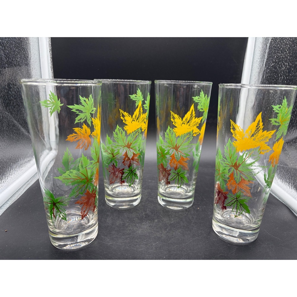 Vintage‎ Mid Century Autumn Leaves Highball Glasses Set of 4 Fall Maple Leaf